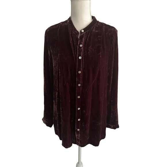 J JILL Purple Plum Crushed Velvet Button Down Tunic Top Size Small Petite - Picture 3 of 7
